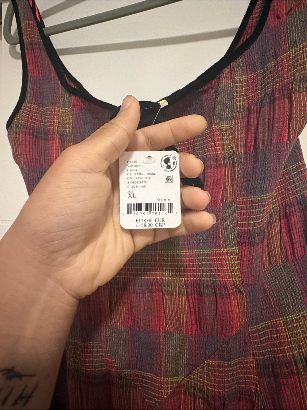 Free People Freya Strappy Midi Dress in Cherry Plaid with Black Trim - Picture 6 of 7